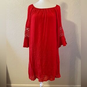 Indigo Rose Red Off-Shoulder Dress with Lace Sleeves